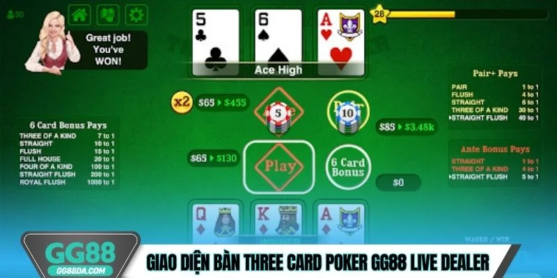 Giao diện bàn Three Card Poker GG88 live dealer